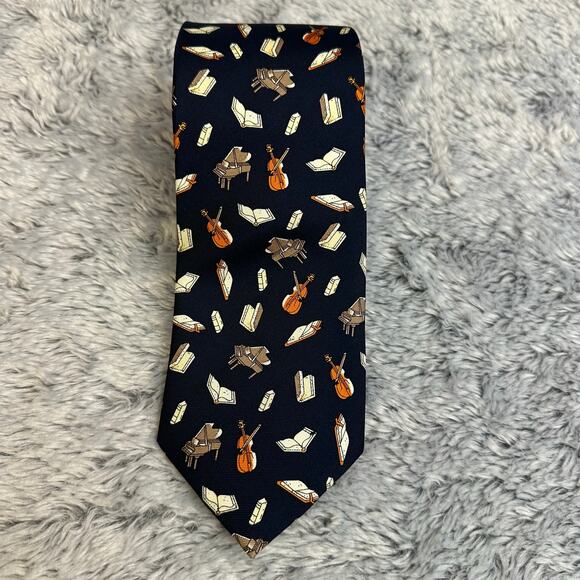 Caesar Roma 100% Silk Neck Tie Navy Musical Instruments Piano Cello Formal - Picture 1 of 6